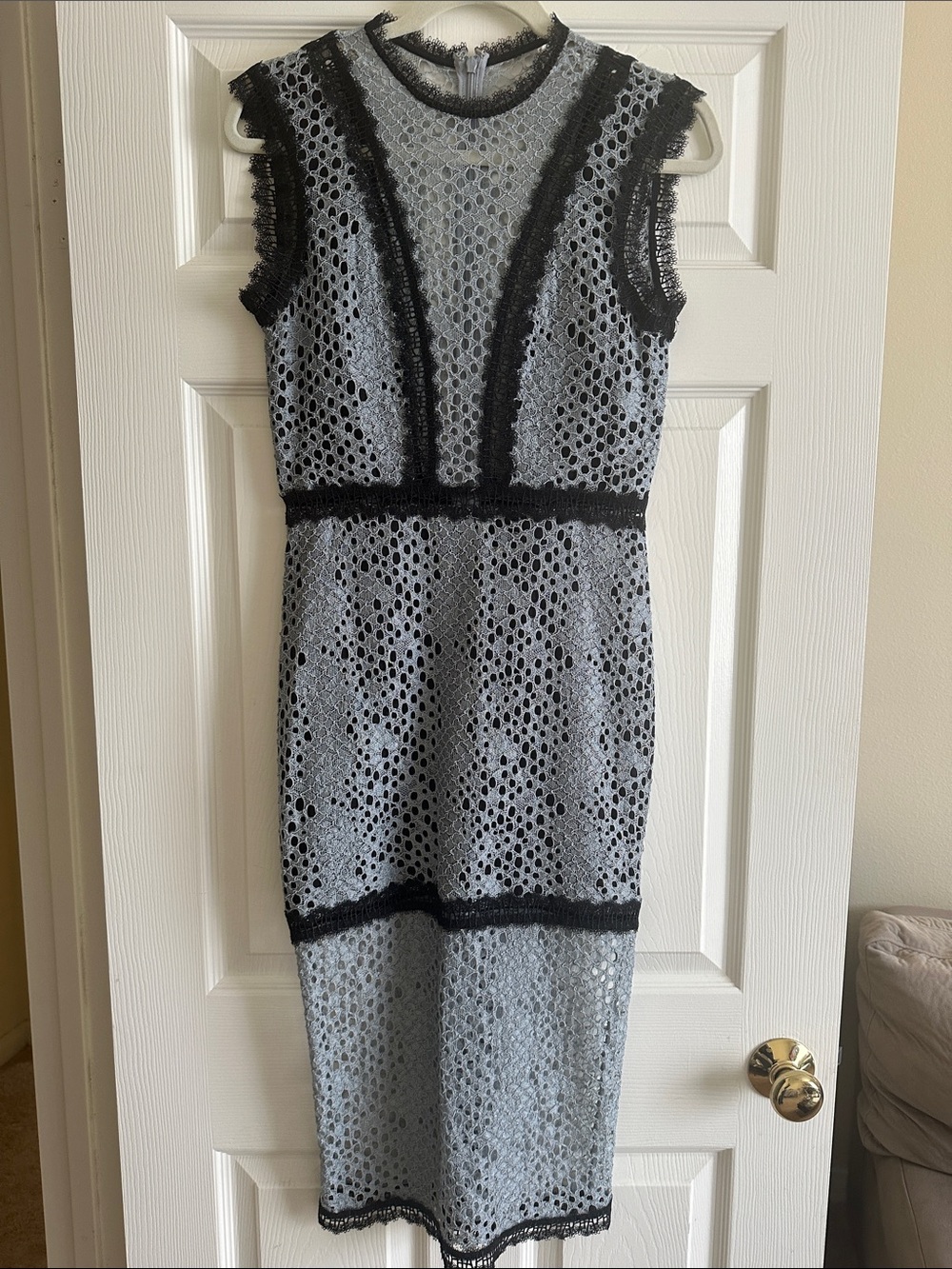 Gorgeous Alexis Black and Blue Sleeveless Crochet Sheath Midi Dress Size Medium